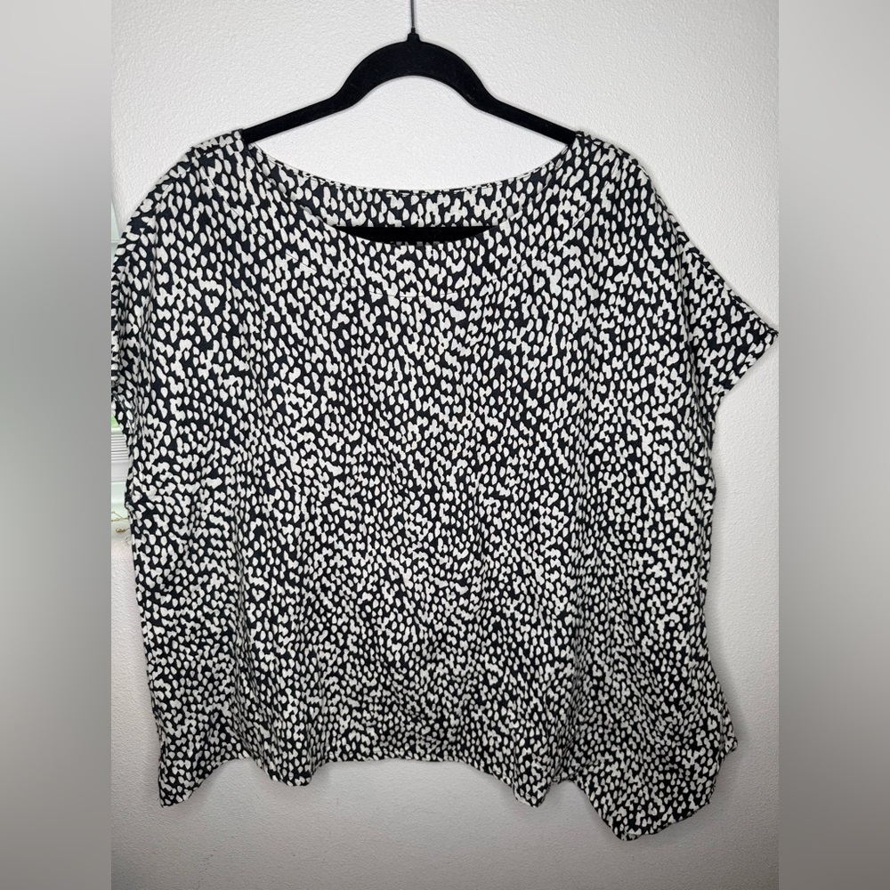 Bryn Walker Ivy top linen black white speckle print short-sleeve asymmetrical XL